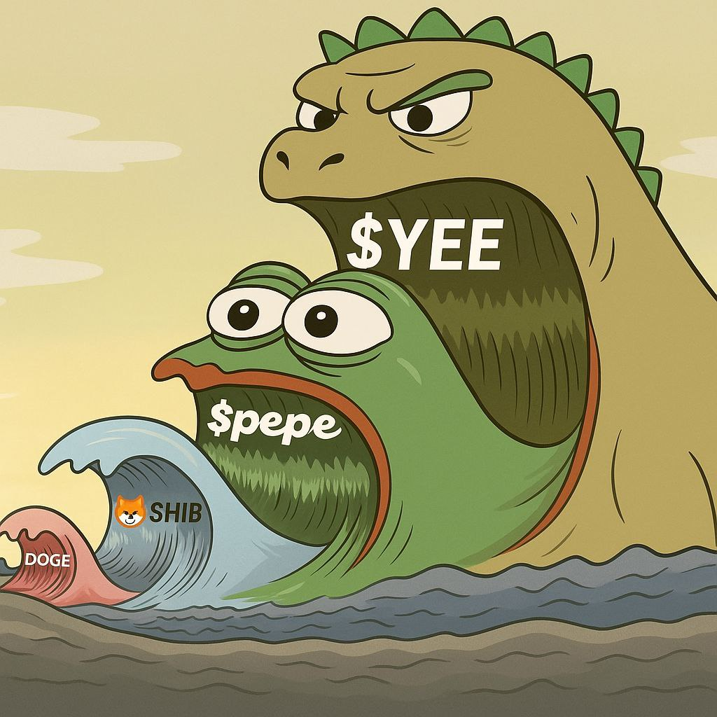 Large dino character consuming Pepe the Frog