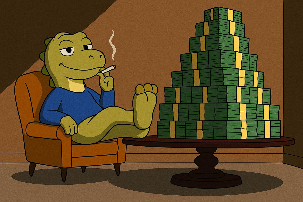 Dino relaxing with a large stack of money