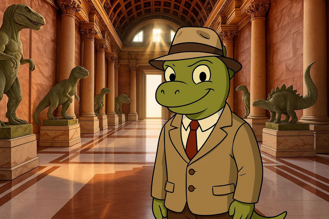 Dino in a grand museum hall