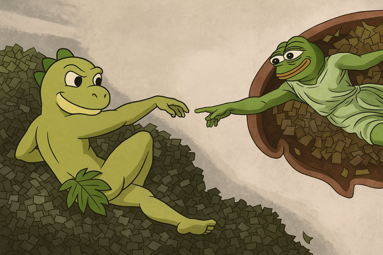 Dino and Pepe in a 'Creation of Adam' parody