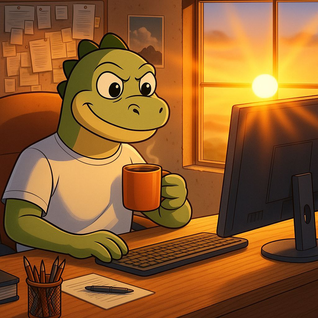 Dino working on a computer at sunset