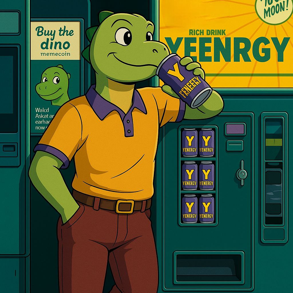 Dino drinking YEENRGY from a vending machine